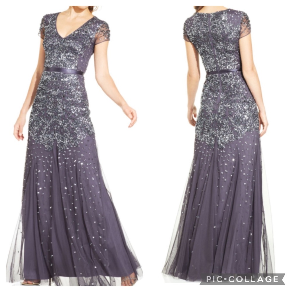 Adrianna papell Gunmetal grey sequin& beaded cap sleeves Long Dress - Picture 3 of 15